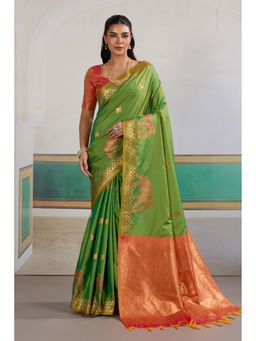 Mysilklove - Inchworm Green Banarasi Handloom Saree with Unstitched Blouse