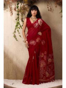 Mysilklove - Fire Rose Red Munga Handloom Cotton Saree with Unstitched Blouse