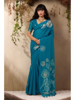 Mysilklove - Periwinkle Blue Munga Handloom Cotton Saree with Unstitched Blouse