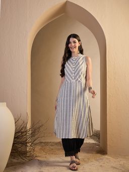 INDDUS - Striped Woven Design Button Detailed Off White Kurta