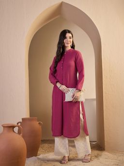 INDDUS - Solid A-Line Button Detailed Magenta Kurta