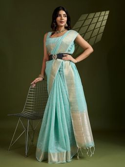 Odette - Silk Blend Woven Checked Blue Saree with Unstitched Blouse