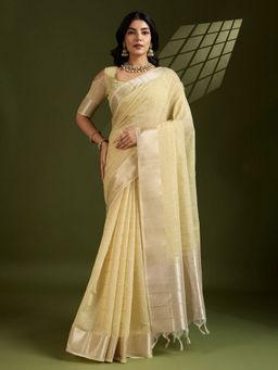 Odette - Silk Blend Woven Checked Beige Saree with Unstitched Blouse