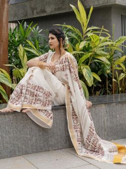 Odette - Cotton Blend Printed Off White Saree with Unstitched Blouse