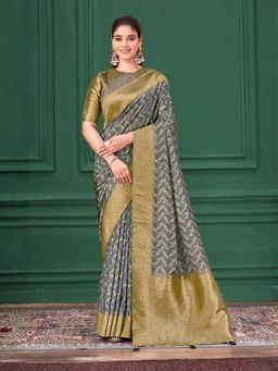 Odette - Silk Blend Woven Printed Grey Saree with Unstitched Blouse