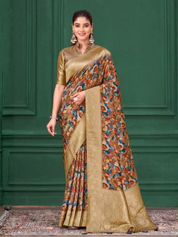 Odette - Silk Blend Woven Zari Printed Multicolour Saree with Unstitched Blouse