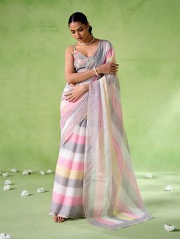 Odette - Cotton Linen Checks Printed Multicolour Saree with Unstitched Blouse