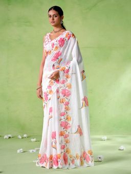 Odette - Cotton Linen Floral Printed White Saree with Unstitched Blouse