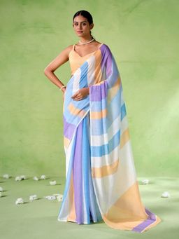 Odette - Cotton Linen Stripes Printed Multicolour Saree with Unstitched Blouse
