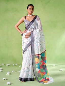 Odette - Cotton Linen Geometric Printed White Saree with Unstitched Blouse