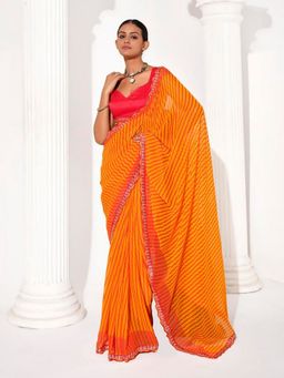 Odette - Cotton Linen Embellished Striped Orange Saree with Unstitched Blouse