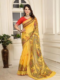 Odette - Cotton Linen Printed Yellow Saree with Unstitched Blouse