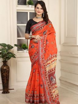 Odette - Cotton Linen Floral Printed Orange Saree with Unstitched Blouse