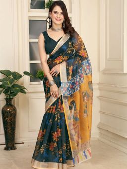 Odette - Cotton Linen Woven Printed Green Saree with Unstitched Blouse