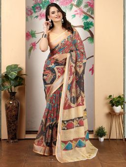 Odette - Cotton Linen Woven Printed Maroon Saree with Unstitched Blouse