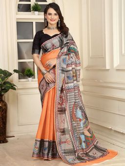 Odette - Cotton Linen Printed Orange Saree with Unstitched Blouse