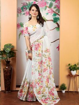 Odette - Cotton Linen Floral Printed Off White Saree with Unstitched Blouse
