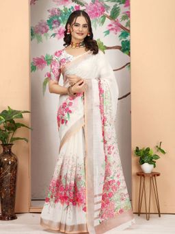 Odette - Cotton Linen Floral Printed Off White Saree with Unstitched Blouse