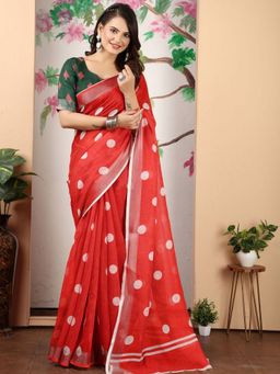 Odette - Cotton Linen Woven Polka Dot Printed Red Saree with Unstitched Blouse