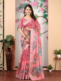 Odette - Cotton Linen Woven Printed Pink Saree with Unstitched Blouse
