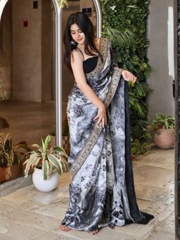 Odette - Georgette Printed Black Saree with Unstitched Blouse