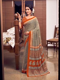 Odette - Cotton Blend Stripes Printed Black Saree with Unstitched Blouse