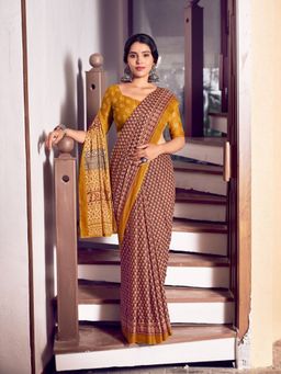 Odette - Cotton Blend Geometric Printed Maroon Saree with Unstitched Blouse