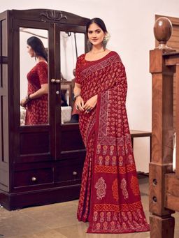Odette - Cotton Geometric Printed Maroon Saree with Unstitched Blouse