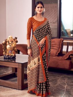 Odette - Cotton Blend Geometric Printed Orange Saree with Unstitched Blouse