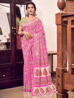 Odette - Cotton Blend Floral Printed Pink Saree with Unstitched Blouse