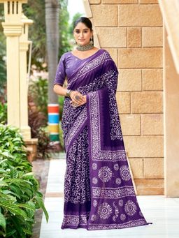 Odette - Cotton Blend Floral Printed Purple Saree with Unstitched Blouse