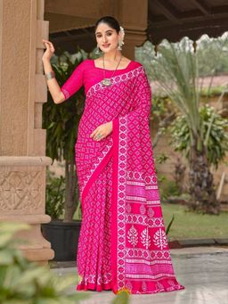 Odette - Cotton Blend Geometric Printed Pink Saree with Unstitched Blouse