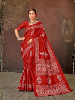 Odette - Cotton Blend Floral Printed Red Saree with Unstitched Blouse