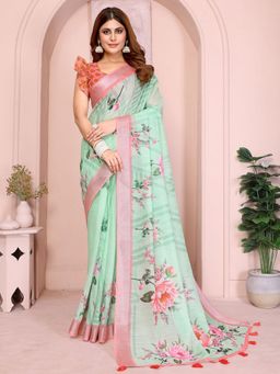Odette - Cotton Linen Printed Green Saree with Unstitched Blouse