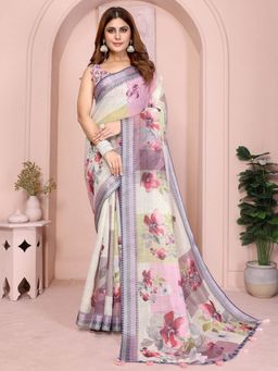 Odette - Cotton Linen Printed Tassels Off White Saree with Unstitched Blouse