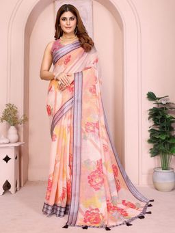 Odette - Peach Cotton Linen Printed Saree with Unstitched Blouse