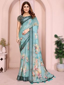 Odette - Green Cotton Linen Printed Saree with Unstitched Blouse