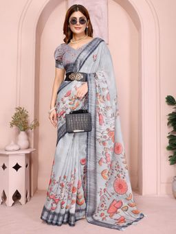 Odette - Grey Cotton Linen Printed Saree with Unstitched Blouse