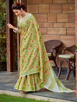 Odette - Pista Green Cotton Linen Striped Saree with Unstitched Blouse