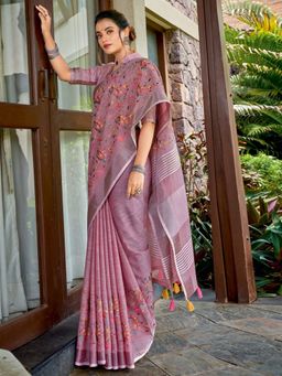 Odette - Mauve Pink Cotton Linen Striped Saree with Unstitched Blouse