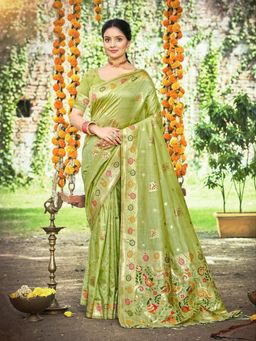 Odette - Pista Green Silk Blend Printed Saree with Unstitched Blouse