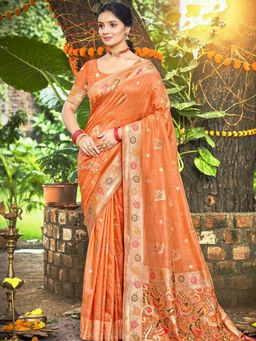 Odette - Orange Silk Blend Printed Saree with Unstitched Blouse