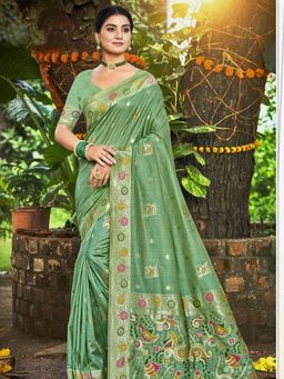 Odette - Green Silk Blend Printed Saree with Unstitched Blouse