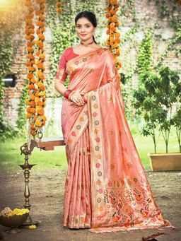 Odette - Peach Silk Blend Printed Saree with Unstitched Blouse