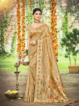 Odette - Dark Beige Silk Blend Printed Saree with Unstitched Blouse