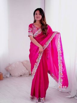 Odette - Dark Pink Silk Blend Solid Saree with Unstitched Blouse