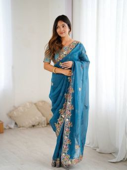 Odette - Blue Silk Blend Solid Saree with Unstitched Blouse