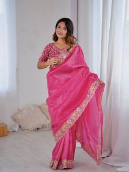 Odette - Pink Silk Blend Solid Saree with Unstitched Blouse