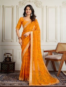Odette - Yellow Georgette Printed Saree with Unstitched Blouse
