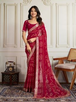 Odette - Dark Pink Georgette Printed Saree with Unstitched Blouse